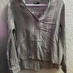 BDG Striped V-Neck Button-Front Blouse in Playful Stripes in Muted Tones